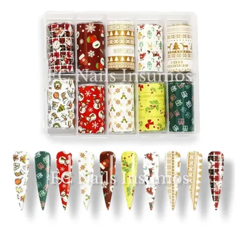 Foil Papel Navidad Tranfer 10 Tiras Decoración Uñas