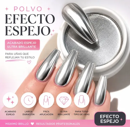 Kit X5 Polvos Espejo Para Uñas Efecto Cromado Con Aplicador