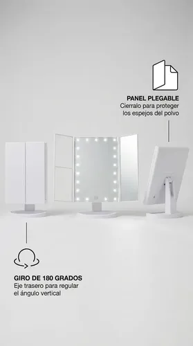 Espejo Maquillaje Giratorio 22 Led 3 Aumentos Usb Bateria Blanco Triple Tactil Led Luz 3 Paneles Plegable Portatil Iluminacion Perfecta