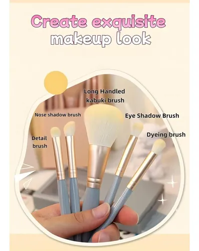 Set De 5 Pinceles De Maquillaje Con Espejo Y Estuche Vegano
