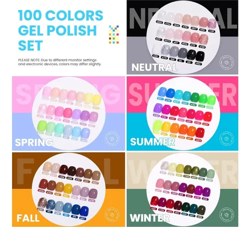 Set Esmalte Gel Uñas Beetles 100 Colores Con Base Y Top