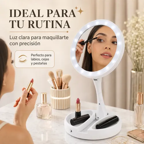 Espejo Redondo Led Plegable Con Aumento 10x Y Organizador