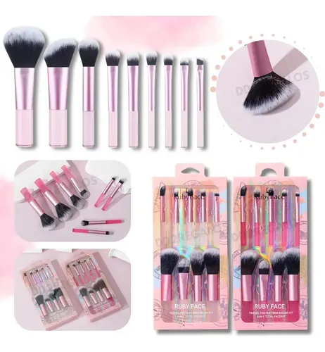 Set De 9 Mini Brochas De Maquillaje Para Viaje/travel Ruby F Rosado