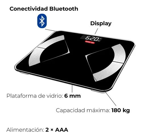 Balanza Digital San-Up Bluetooth 180kg Vidrio Smart Medidor Grasa Negro