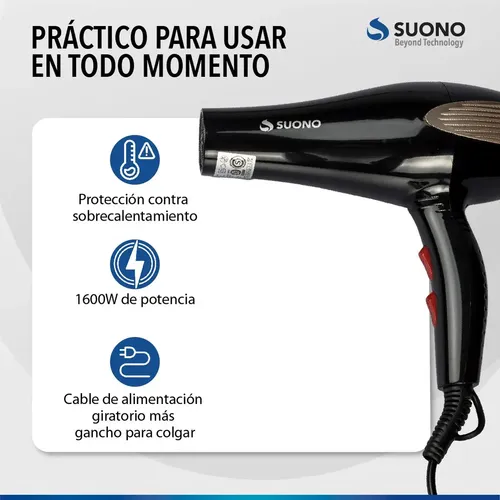 Secador De Cabello Suono Snpe-1002 1600w Dos Velocidades Negro