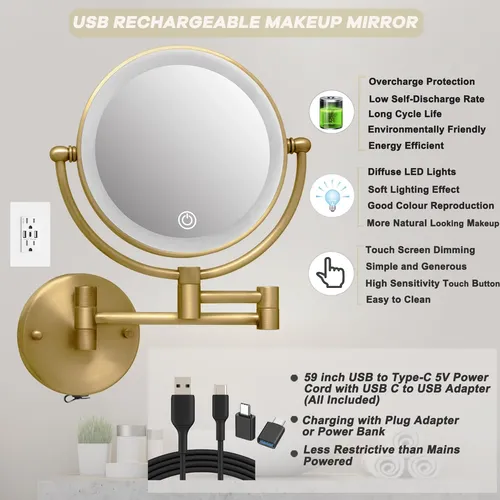 Espejo De Maquillaje De Pared Ledoole Recargable Con Luz Y