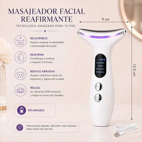 Masajeador Facial Y Cuello Ems Led Calor Con Serum Colágeno
