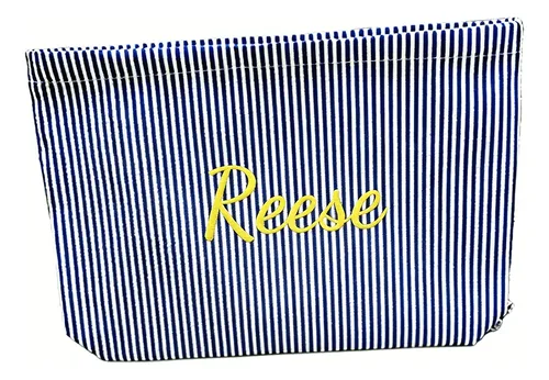 Bolsa De Maquillaje Con Nombre Bordado A Rayas De Seersucker