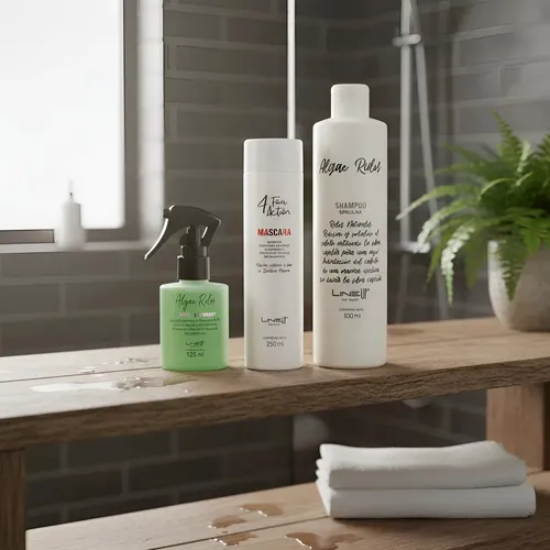 Kit Rizos Hombre con Espirulina Maxima una bomba proteica para que tu pelo crezca fuerte rulos definidos y relajados a la vez Shampoo Acondicionador 4FourAction y Spray, Producto Profesional LineUp