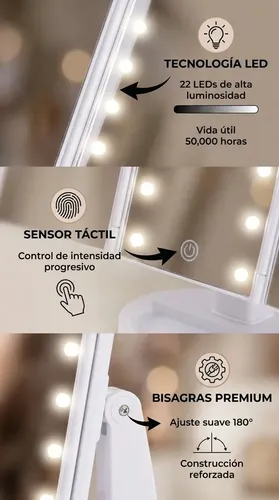 Espejo Maquillaje Giratorio 22 Led 3 Aumentos Usb Bateria Bl