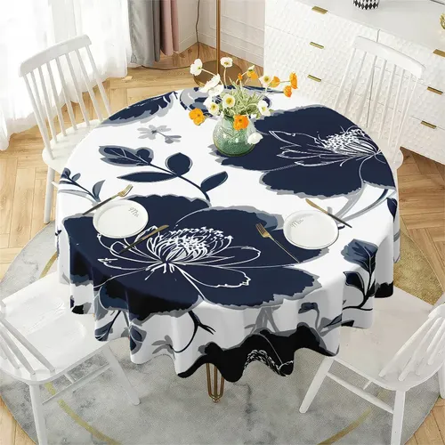 Mantel Con Estampado Floral Azul Y Blanco, Elegante Pestaña
