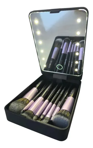 Set 14 Brochas Maquillaje C/estuche Espejo Led Profesional Color Negro