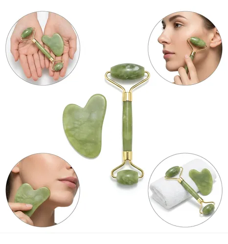 Rodillo De Jade Masajeador Facial Piedra Gua Sha Set Kit