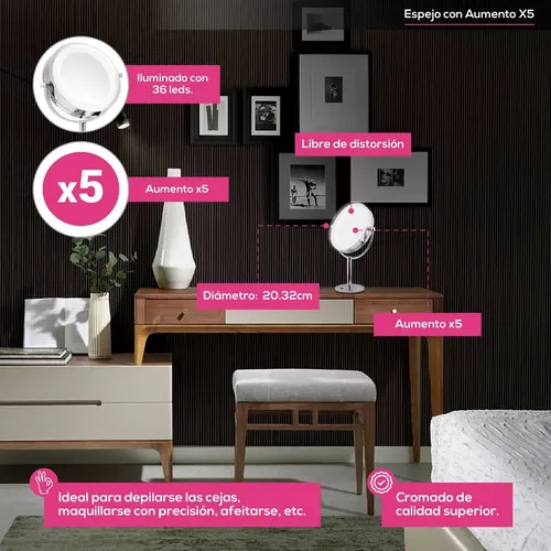Espejo Led Maquillaje Aumento X5 Doble Faz Base 22cm Vip