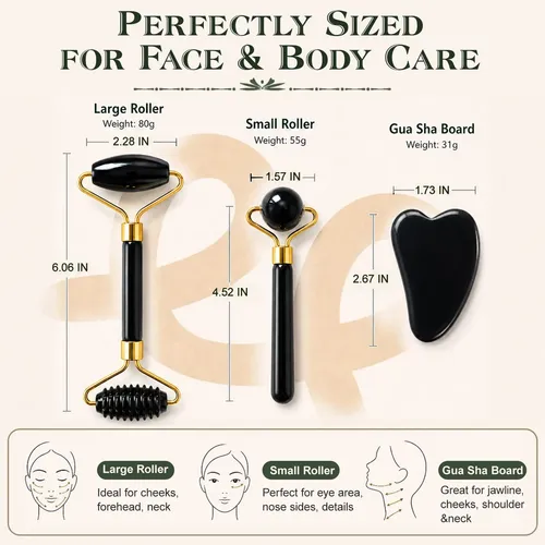 Set Masajeador Facial Jade Roller Gua Sha 3 Piezas Negro