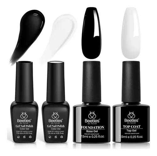 Kit Esmalte Gel Blanco Y Negro 4 Pzs Base Y Top Coat