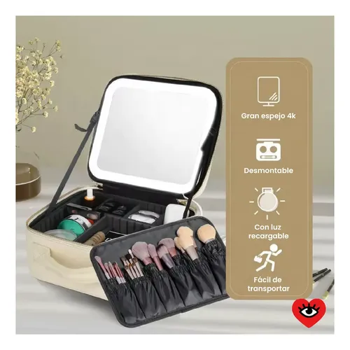 Estuche Porta Cosmetico Negro Espejo Led Neceser Maquillaje Impermeable Veoquiero