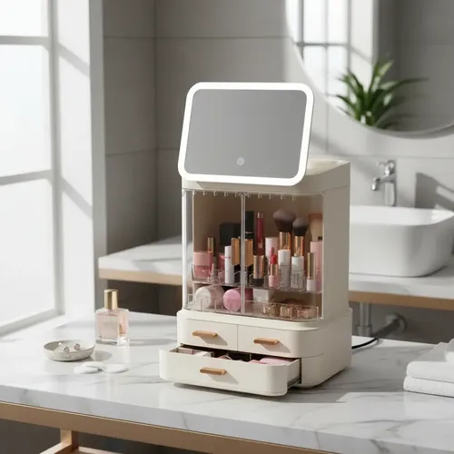 Organizador Maquillajes Cosmeticos C/ Espejo Luz Led Usb Acr Crema