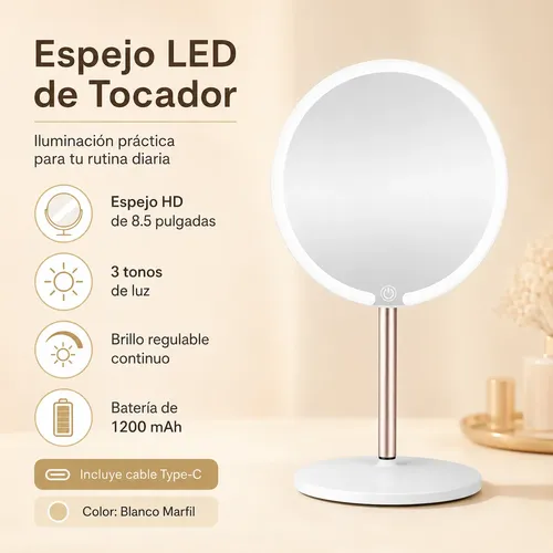 Espejo Maquillaje Led Redondo 21.5cm 3 Tonos Recargable