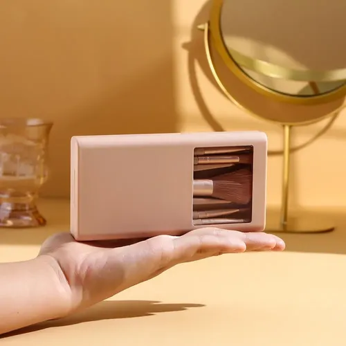 Set 5 Brochas Maquillaje Portátil Con Estuche Y es Rosa