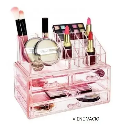 Organizador Maquillaje Acrílico Rosa 4 Cajones: 2 chicos + 2 Grandes , parte superior con 16 Divisiones