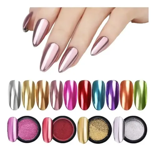 Kit X3 Polvos Espejo Para Uñas Efecto Cromado Con Aplicador