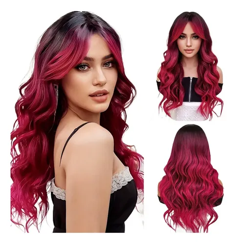 [ Peluca De Mujer Larga Y Rizada De Color Rojo Rosa *
