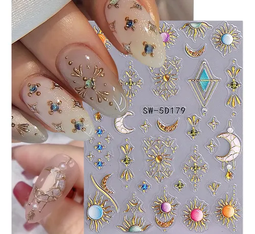 Stickers Para Uñas Stzpronail 9 Hojas 5d 3d Sol Luna Estrell