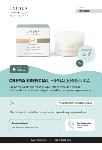 Crema Hipoalergénica Día/Noche Piel Seca Libre de Parabenos 50g Andre Latour