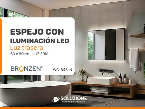 Espejo Premium Luz Led Trasera Horizontal Negro 60 X 80 Cm