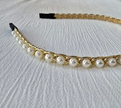 Vincha Pelo Fiesta Novia Tiara Perlas Strass Dorado Plateado Color Perlas Cadena