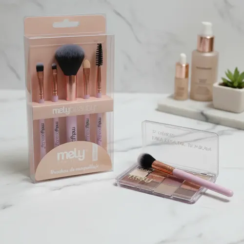 Set Mely Beauty Paleta 12 Sombras + Set 5 Brochas Maquillaje