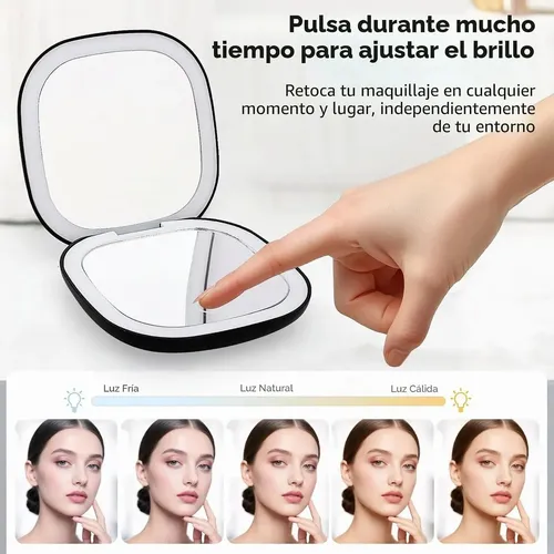 Espejo De Maquillaje Cuadrado Con Luz Led Y Aumento De 10x Bl Negro