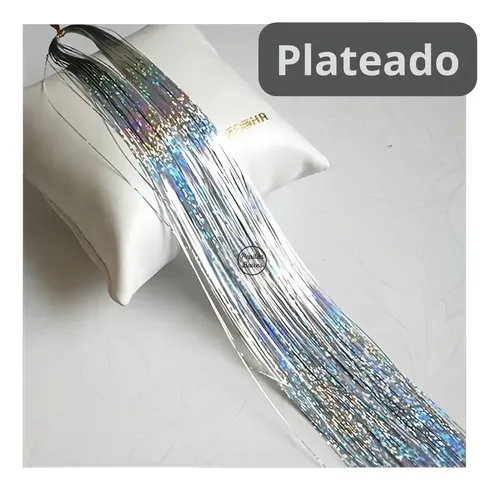 Hilos De Oropel Metalicos Para Cabello Extension Holografica Color Plateado