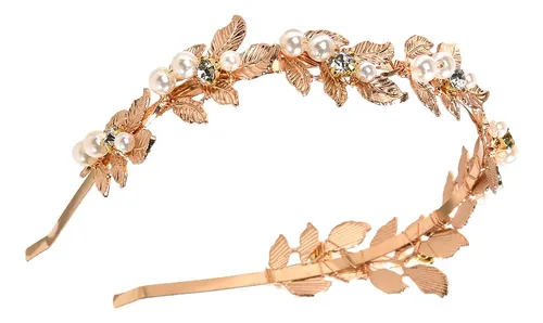 Diadema De Perlas Con Hojas Y Cristales Para Novia Rose Gold With White Pearls