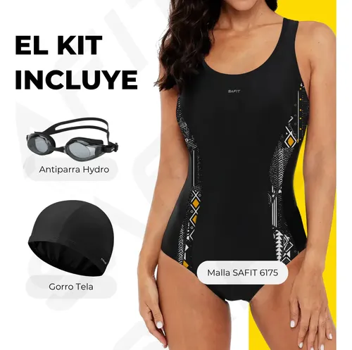 Combo Malla Natacion Mujer + Antiparras + Gorro Tela Safit