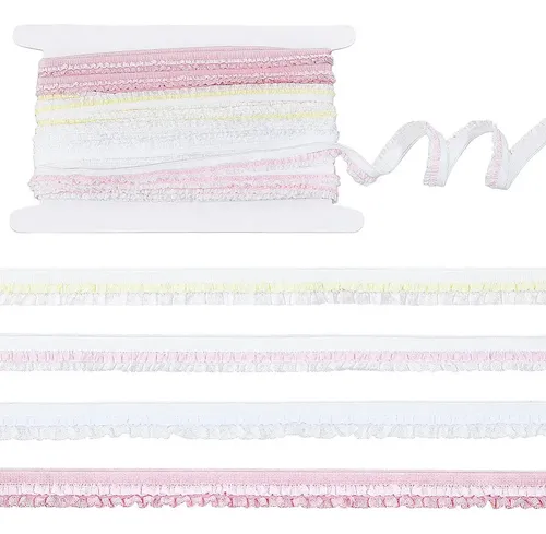 Cinta De Poliéster Y Nylon De 14.4 M Con Tarjeta De Exhibici White With Pink And Pale Yellow Accents Solid With Ruffle Trim