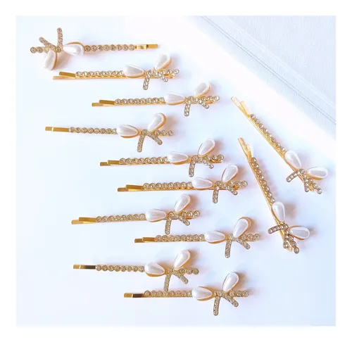 Pack X12 Hebillas De Pelo Invisible En Dorado Strass Y Perla