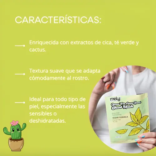 Mely Mascarilla Facial Vegana De Extracto De Cica Y Te Verde