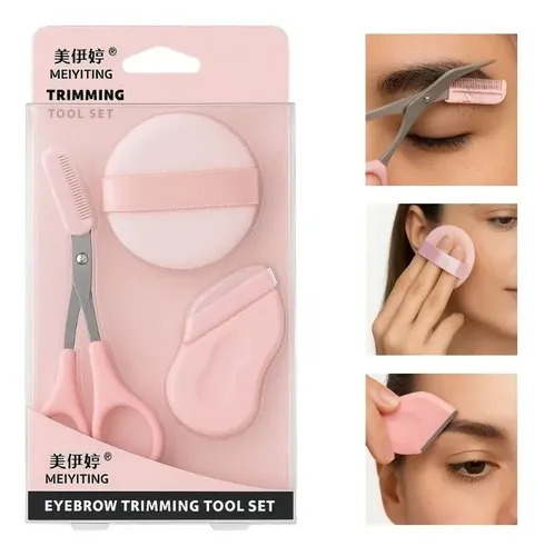 Kit Perfilador De Cejas Tijera + Esponja Pack X3 Pcs Color Rosa