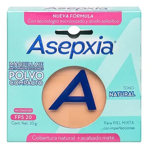 Asepxia Base de Maquillaje en Polvo Compacto Tono Natural 10mL 10g