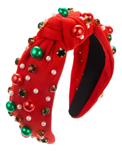 Diadema De Navidad Roja Ancha Con Perlas Y Rhinestones