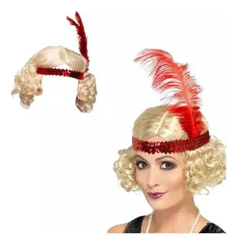 Peluca Charleston Con Vincha Con Pluma Disfraz Cotillon