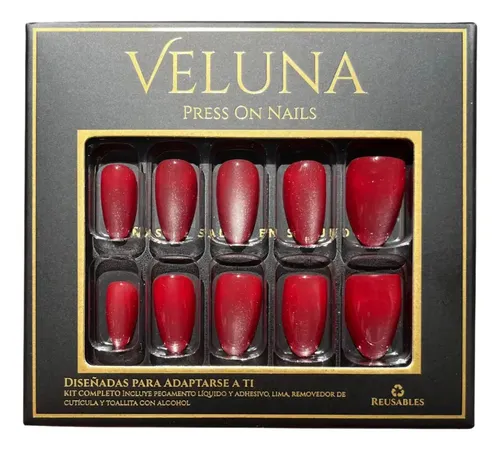 Uñas Press On Veluna – Almendras Cortas 32u – Ojo De Gato Color Rojo Perlado Ojo De Gato