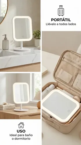 Espejo Mtl De Mesa Rectangular Con Luz Led Portátil Diseño Moderno Minimalista Blanco Maquillaje Profesional Cuidado Personal Tocador Dormitorio Baño Iluminación Natural Precisa Elegante Compacto