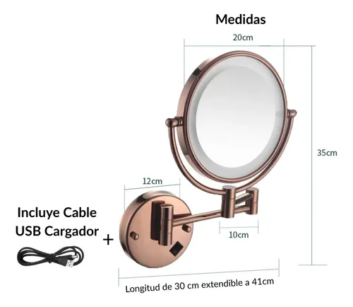 Espejo Giratorio Luz Led De Pared Recargable Con Cable Usb