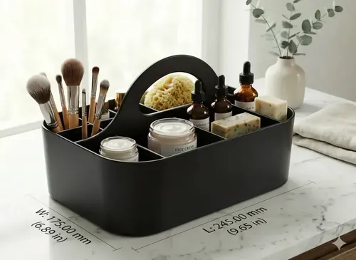 Organizador Con Manija Canasto Baño Y Cosmeticos Negro