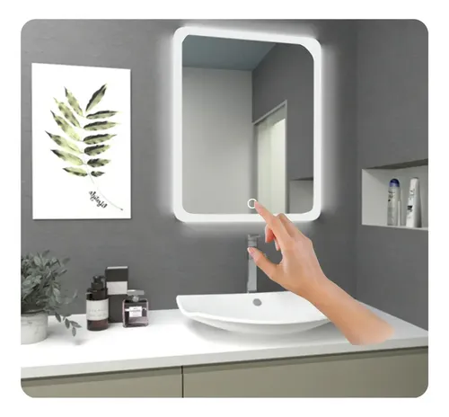 Espejo Rectangular Led Luz Fría Táctil Botón Frontal 60x70cm Anti Empañe Linea Moderna Touch