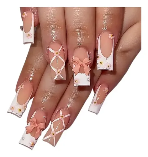 Dos Cajas De Uñas Postizas Con Lazo Dulce Francés.