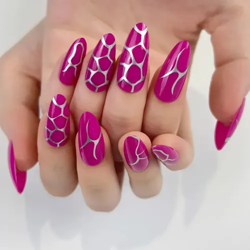 Uñas Press On Reutilizables Diseños Variados 24u Veluna Full Color Fuchsia Silver Art Press On Nails